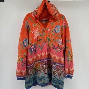 VTG Embroidered Cardigan Sweater Jacket Womens XL Orange Floral Hooded Cottage
